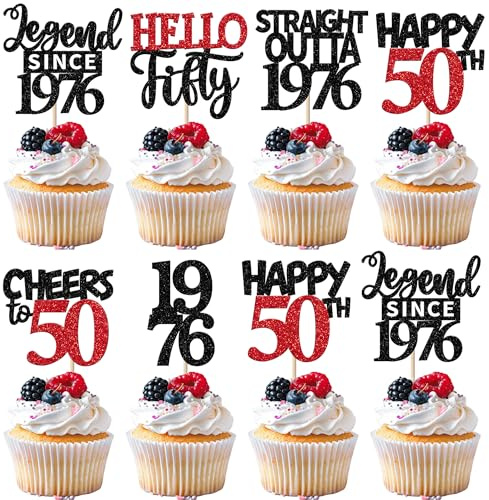 Xsstarmi 24 Pack 50th Birthday Cupcake toppers Black Red Glitter Straight Outta 1976 Cupcake Picks for Hello fifty Legend Since 1976 Birthday Party Cake Decorations Supplies