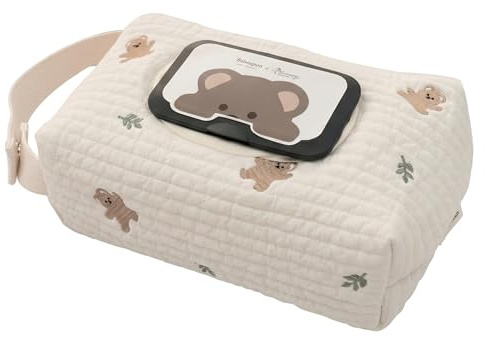 Våtservetter väska återanvändbar våtservetter låda snygg med handtag björn tryck för camping, hem och resor, beige, 20 x 13 cm