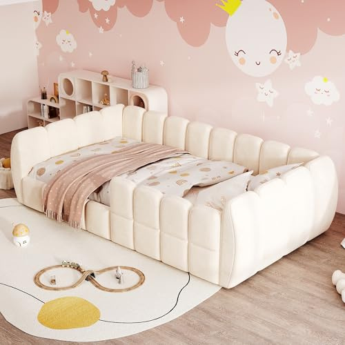 VIVCA Cama infantil 90 x 200 cm, tapizada de terciopelo, diseño completamente cerrado, esquinas redondeadas, apto para habitaciones infantiles, niños y adolescentes, color beige, sin colchón