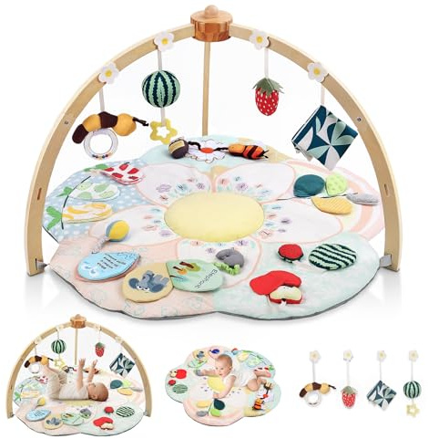 Baby Play Gym & Activity Mat, 5 Developmental Zones Tummy Time Mat with 4 Detachable Sensory Toys, Early Skills & Sensory Development Mat, Newborn Essentials Baby Shower Gift