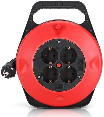 Aigostar 177430 - Cable de alimentación de bobina de cable enrollable de 10 metros con 4 tomas de corriente, cable retráctil de alta resistencia, disyuntor de 16A y materiales anti-inflamables