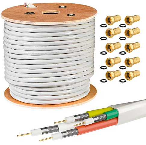 HB-DIGITAL 100m Quattro-Kabel Koaxial SAT 4-Fach Weiß 4-in-1 für Ultra HD 4K DVB-S/S2/C/T/T2 BK Anlagen + 50 Vergoldete F-Stecker SET Gratis (Quattro, Quad)