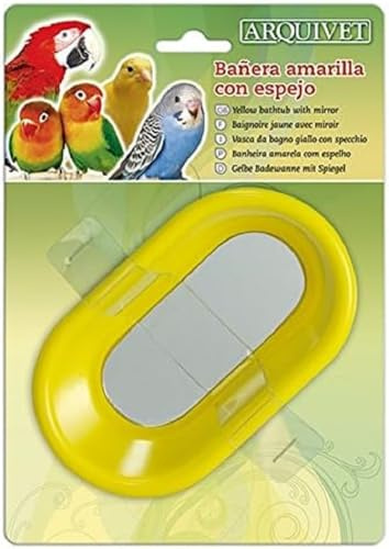 Arquivet Gelbe Vogelbadewanne mit Spiegel - 14,5 x 8,5 x 4,5 cm - Badewanne für Kanarienvögel, Wellensittiche und andere Vögel - Zubehör und Zubehör für Vogelkäfige