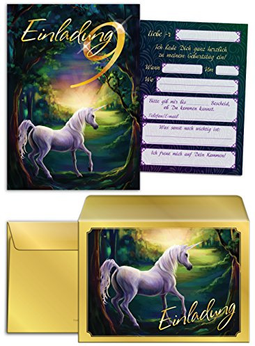 JuNa-Experten 12 Einladungskarten incl. 12 Umschläge zum 9. Kindergeburtstag Mädchen Einhorn/Einladung Geburtstag/Unicorn/Prinzessinparty/schöne und bunte Karten (12 Karten + 12 Umschläge)