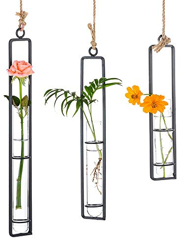 Sziqiqi Set of 3 Hanging Planter Terrarium, Metal Iron Clear glass Test Tube Flower Vases Holder, Wall Hydroponic Plants decor, Decoration for Living Room Bathroom Bedroom Kitchen, S + M + L