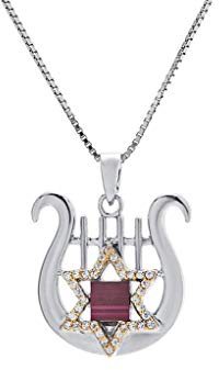 SpringNahal Nano Sim OB Silber und 9 Karat Gold Anhänger David's Harfe und Davidstern & Zirkonia aus dem Heiligen Land