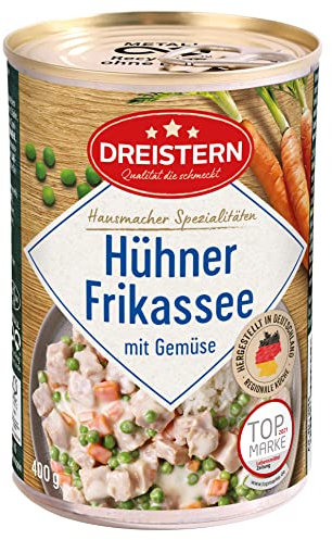 DREISTERN Hühnerfrikassee 400g I Mit zartem Gemüse I Herzhaftes Fertiggericht in recyclebarer Konservendose I Lange Haltbarkeit dank natürlicher Konservierung I Hausmacher Qualität