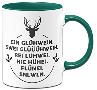 Tassenbrennerei Original - Tasse mit Spruch Ein Glühwein, swei Glüüüühwein, Rei Lühwei - Kaffeetasse lustig - Weihnachtstasse (Dunkelgrün)