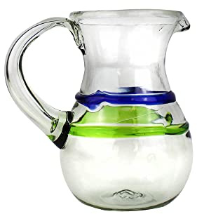 Karaffe aus Recycling Glas transparent 1 Liter mit Henkel, mundgeblasener Glaskrug
