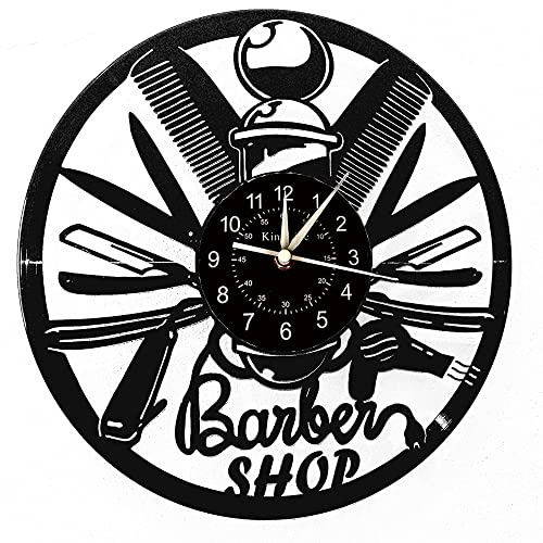 Smotly Orologio da parete in vinile, orologio da parete con motivo di strumenti da barbiere, barbiere, decorazione da parete per la casa, regalo