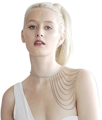 Inateannal Chaîne d'épaule à franges Collier de harnais à maillons à pompons multicouches Soutien-gorge bikini sexy Chaîne châle Bijoux de corps pour femmes et adolescentes