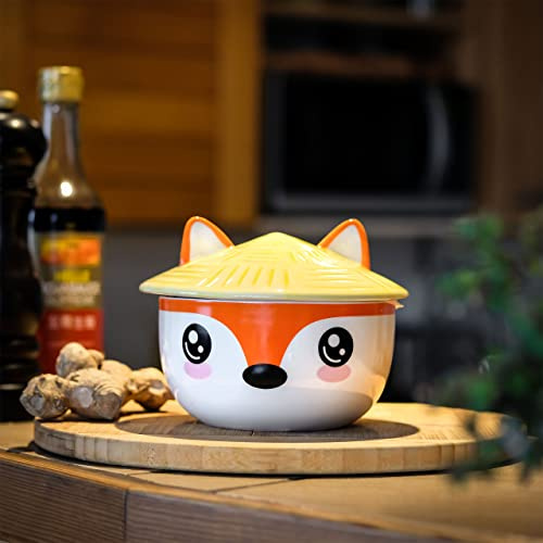 Elbenwald Räv Kawaii-skål med lock för Anime-fans Ramen-skål Rund flingskål med tryck 550 ml Keramik Vit