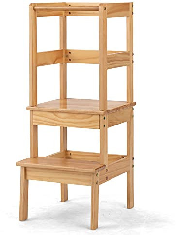 GOPLUS lernturm, 2 Stufen kinder tritthocker, Learning tower, aus Massivholz, Lackiert, bis zu 70kg Belastbar, Hohe Leiste für mehr Sicherheit, für Kinder ab 1 Jahr (Natur)