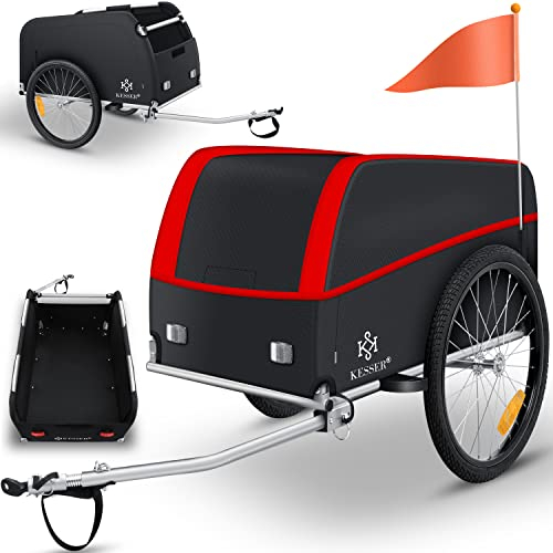 KESSER® Fahrradanhänger Lastenanhänger Transportanhänger Hochdeichsel mit Kupplung Hochdeichsel Anhänge für Fahrrad Transportbox 120 Liter Inkl. Regenschutz mit Klappfunktion & Fahne 40Kg Rot