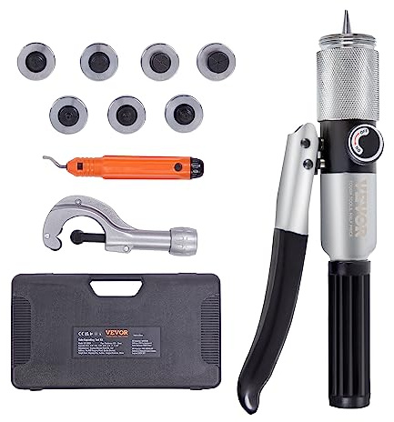 VEVOR Expansor Hidráulico de Tubos HAVC de 3/8 a 1-1/8 Kit de Estirador de Tuberías con 7 Cabezales de Expansión Herramienta Desbarbadora Cortatubos para Tubos de Cobre Aluminio Latón Acero Blando