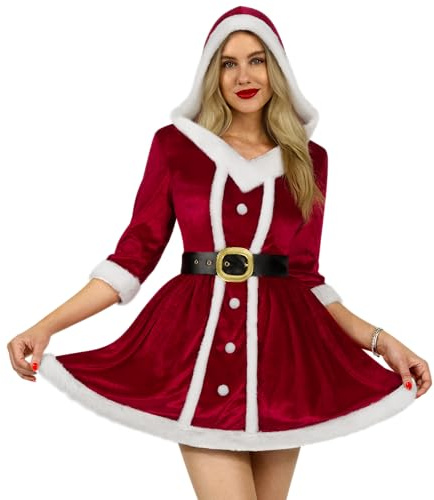 Giggling Getup Costume da Babbo Natale da donna, set di vestito da Babbo Natale per adulti con vestito con cappuccio e cintura, Rosso