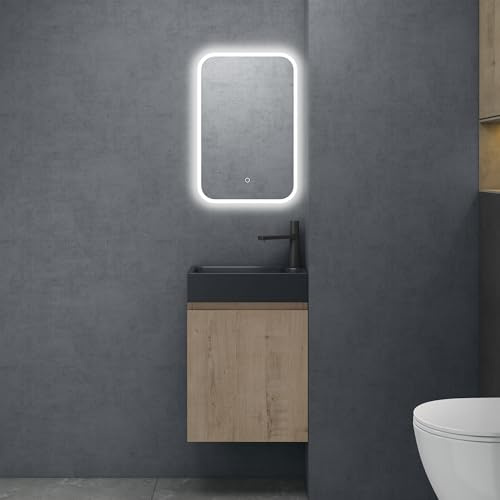 doporro Petit Meuble de Salle de Bain Suspendu 46cm Chêne Clair Ensemble de 3 Pièces Meuble avec Lavabo Solid Surface et LED Miroir Design Pisa02