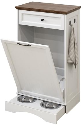 NEWOWNDS Tilt Out Trash Can Cabinet 10 Gallon Hidden Trash Garbage Can Cabinet with Drawer,Pet Proof Hidden Garbage for Kitchen,Laundry Bathroom (White, Single Door)