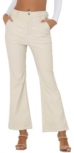 Allegra K Faux Leather Casual Pant for Women's High Waist Bell Bottom Flared Long PU Trouser Medium White