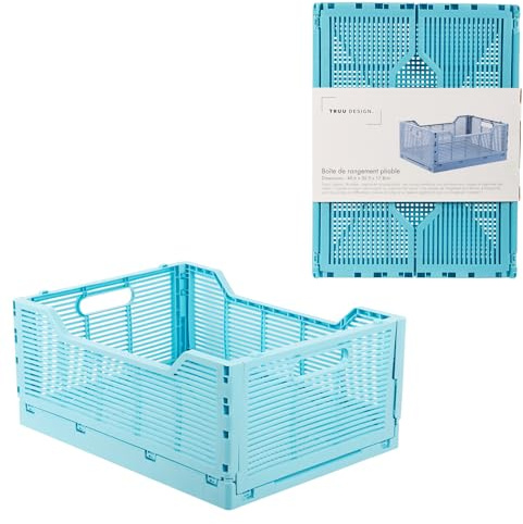 Truu Design Folding Plastic Crates, 40.6 x 30.5 x 17.8cm, Sky Blue, 1Pack, Stackable Collapsible Storage Baskets Organizer for Home Office and Outdoor