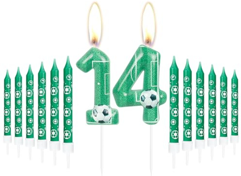 Geburtstag Zahl Kerzen 14, Fußball Geburtstag Zahlenkerzen, Grün Zahlenkuchen Kerzen mit 12 Verlängerungsstäben, Party Dekorationen für Unvergessliche Feiern