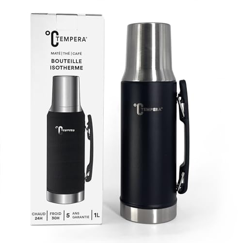 TEMPERA Termos för mate - 1L | Dubbelväggig i rostfritt stål, BPA-fri | Integrerad kalebass/kopp på 240 ml | Håller värmen i 24 h, kylan i 30 h | Precisionhällare med avtryckare | Mate - Te - Kaffe