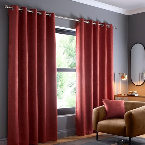 Fusion Terracotta Eyelet Curtains W46 x L90 (117x229cm) – 2 Panels – 100% Cotton Thermal Drapes in Orange Red – Door Curtains for Bedroom/Living Room – Strata Collection – Warm Interior Accent