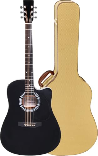 Classic Cantabile WS-10BK-CE Guitarra Western Set con estuche rígido - Estilo Dreadnought con cutaway - Tapa, fondo, aros: tilo - Pickup - EQ de 3 bandas - Afinador - Incluye estuche de tweed - Negro