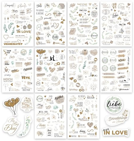 colortouch Aufkleber Hochzeit Gästebuch (325 Motive), Sticker Hochzeit für Fotoalbum, 10 Blatt Hochzeitssticker für Bullet Journal, Vintage Hochzeitsdeko, Wedding Scrapbook Deko mit viel Liebe