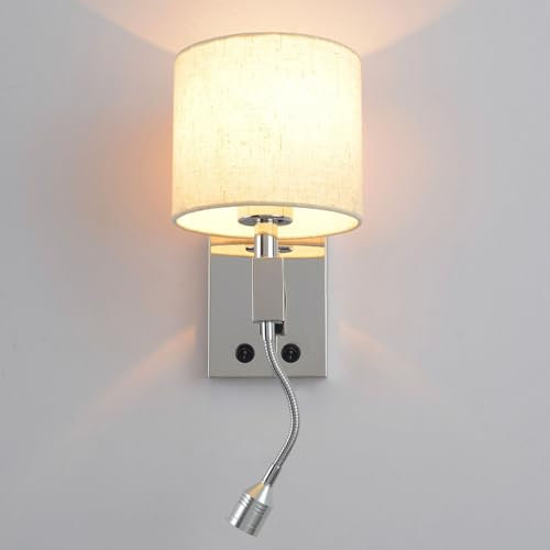 AoLa Chrom Wandlampe mit Schalter Innen Modern Wandleuchte Drehbar Einstellbar Schwanenhalsarm Nachttischlampe Flexibel Wand Leselampe Stoff Lampenschirm Wandbeleuchtung für Schlafzimmer Wohnzimmer.
