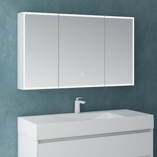 Mai & Mai Armoire de Toilette avec Éclairage LED Armoire Suspendue de Salle de Bain avec Miroir Armoire Miroir Mural 120x15x70 cm Blanc Mat SpiegelSR-04