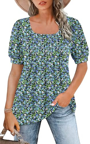 WNEEDU T Shirt Donna Collo Quadrato Magliette Donna Manica Corta a Sbuffo Estive Top Camicia Elegante Plissettata Fluide Tunica Blusa Fiori Blu Verdi XL