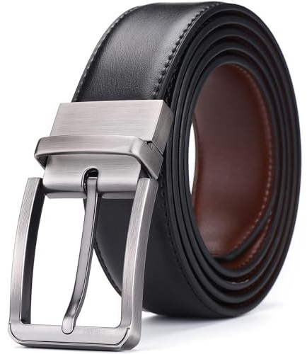 CINTURONTOP Cinturón liso reversible de cuero, Cinturón de cuero dos en uno, Cinturón de vestir reversible, Cinturón de cuero con hebilla reversible, Ancho 3,5cm, Negro y marrón, 100cm
