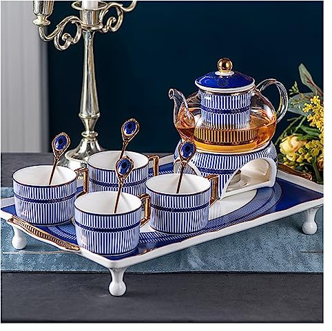 HPTHLY Teeservice aus feinem Knochenporzellan, Blumentee, Früchtetee, Porzellansets mit Teekanne aus Glas und Stövchen, Nachmittagstee-Party, Geschenke für Teeliebhaber