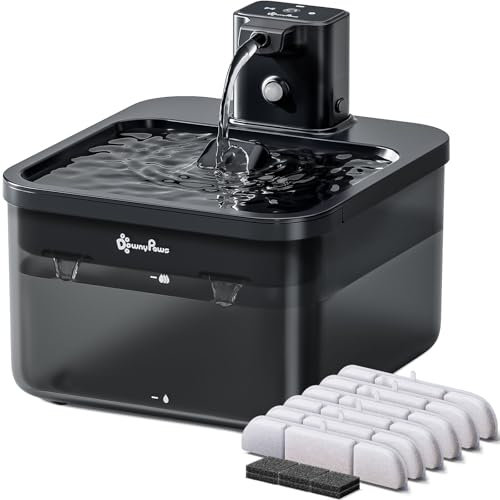 DownyPaws Fursink Fontaine à eau pour chat à piles sans fil avec détecteur de mouvement, sans BPA, 2,5 l, noir avec 6 filtres
