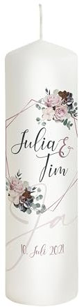 Scheinvoll® Hochzeitskerze Vintage mit Blumen 360 Grad Druck personalisiert - Modell Julia - Einzigartige Dekoration zur Hochzeit (25 x 8 cm)