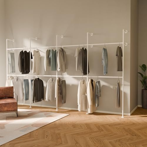 pamo Kleiderstange Wandmontage Weiß – 392 x 222 cm | 560 kg Traglast | Offener Kleiderschrank Garderobe Wand Metall – Begehbarer Kleiderschrank System