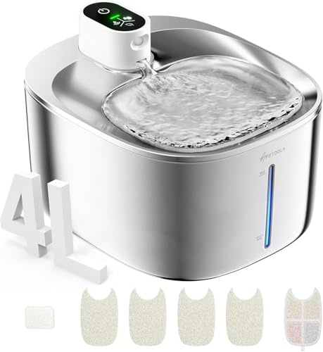 Fuente para mininos Acero Inoxidable, Bebedero mininos, 4L Fuente Agua mininos con Sensor Automático, Bebedero mininos Ultra Silenciosa con Batería de 4000 mAh, FS10pro
