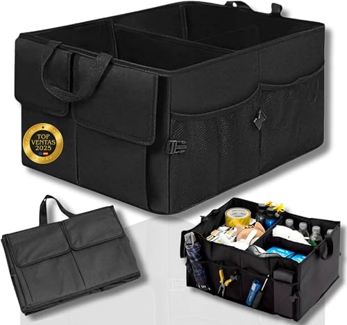 Organizador Maletero Coche Plegable | 3 Compartimentos y 6 Bolsillos | Caja Maletero Coche Grande Impermeable y Resistente | Asas Reforzadas | Ideal para SUV o Furgoneta | Mantén el Maletero Ordenado