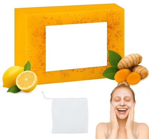 Kojic Acid & Turmeric Brightening Facial and Soap Bar with Lemon and Charcoal - Deep Pore Cleansing for Oily and Combination Skin with Gentle Exfoliation and Moisturising Net Sponge