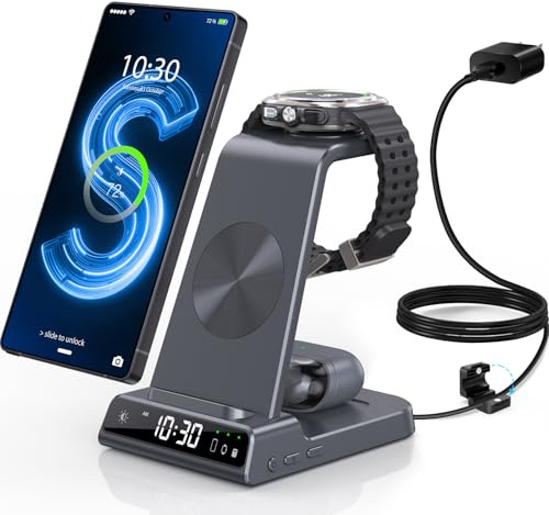 Induktive Ladestation für Samsung, 3 in 1 Ladegerät mit Digitaluhr, Grau | Wireless Charger für Samsung Galaxy S25/S24/S23, Kabelloses Ladegerät für Samsung Galaxy Watch 8/7/Ultra, Active 2, Buds