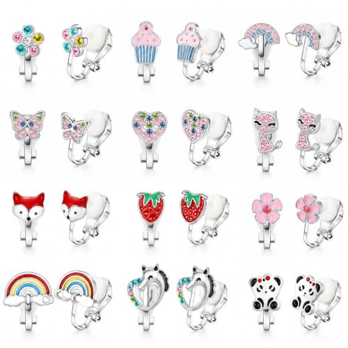 LOLIAS Boucle d'Oreille Enfant Fille Clip 12 Paires Clips Oreilles Non Percées Mignon Coeur Papillon Fleur Animaux Multicolore CZ Hypoallergénique Boucles d'Oreilles Femme Bijoux Enfants Fille