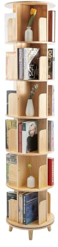 Mqwdxzfes 6-Etagen Drehregal, 360° Rotierender Kiefernholz Bücherständer mit Stahlchassis, Multifunktionales Rund Organizer Bücherregal Boden Stehendes Aufbewahrungsregal für Kinder&Erwachsene