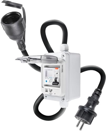 Mobiler Digitaler Stromzähler mit FI Schutzschalter Typ A 230V fi stecker, Stromverbrauchsmessgerät mit LED/Reset, IP64 wasserdicht für Wohnmobile/Elektrofahrzeuge