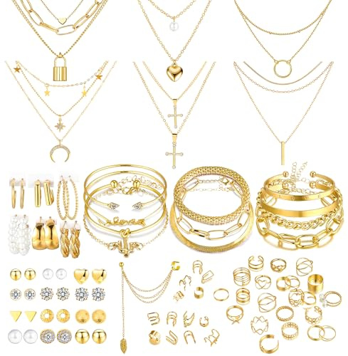 EIELO 90pcs Gold Jewelry Set for Women with 7 Necklaces, 11 Bracelets, 12 Hoop Earrings 24 Ear Studs, 14 Ear Cuffs, 22 Knuckle Rings for Womens Gold Plated Fashion Jewelry Set