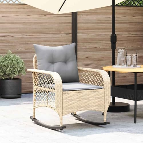 HaoChrymec Garten-Schaukelstuhl mit Kissen Beige aus PE-Rattan, Pulverbeschichteter Stahlrahmen, Schaukelsessel für Garten und Balkon, Relaxsessel Gartens, UV-beständig, 67 x 75 x 75 cm