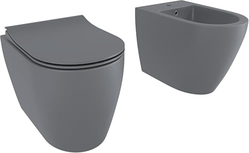 Coppia Sanitari Filomuro Filo Muro Filo Parete Vaso WC Rimless Senza Brida Tornado Flush E Bidet Design Moderno In Ceramica Con Copriwater Chiusura Soft Close Rallentata Grigio Opaco
