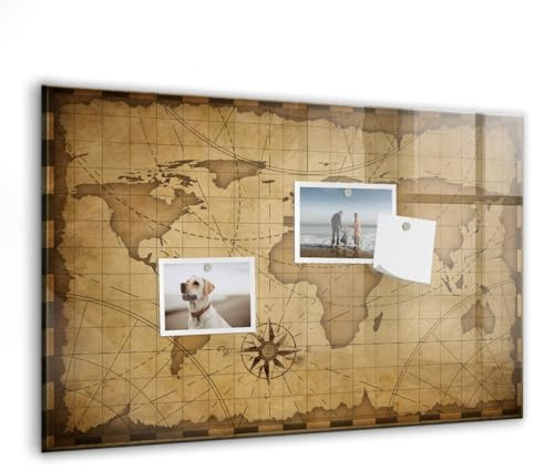 Glasmagnettafel mit Zubehör-Set | Magnetisch, beschreibbar, abwischbar | Planungsboard für Notizen, Aufgaben & Ideen | Ideal für Zuhause & Arbeitsplatz - 60x40cm Vintage-Weltkarte