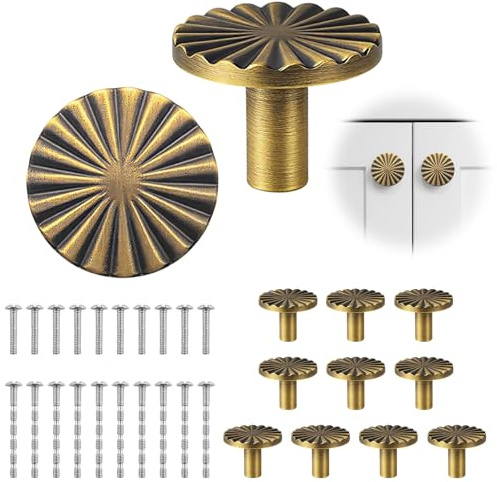 Huipalon 10PCS Antique Brass Cabinet Knobs Zinc Alloy Cabinet Handles with 20 Screws Vintage Round Door Knobs for Wardrobes 30mm Brass Cupboard Knobs