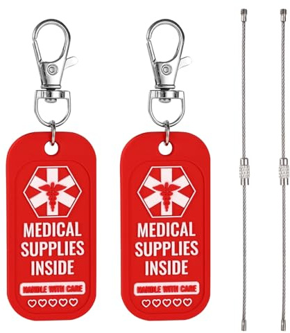 2pcs Medical Supplies Inside Luggage Tags with Steel Cables, Reusable Double-Sided Medical Alert ID Tags Keychains Keyring for Hospital Devices Equipment Bags Suitcases Backpacks (Red)